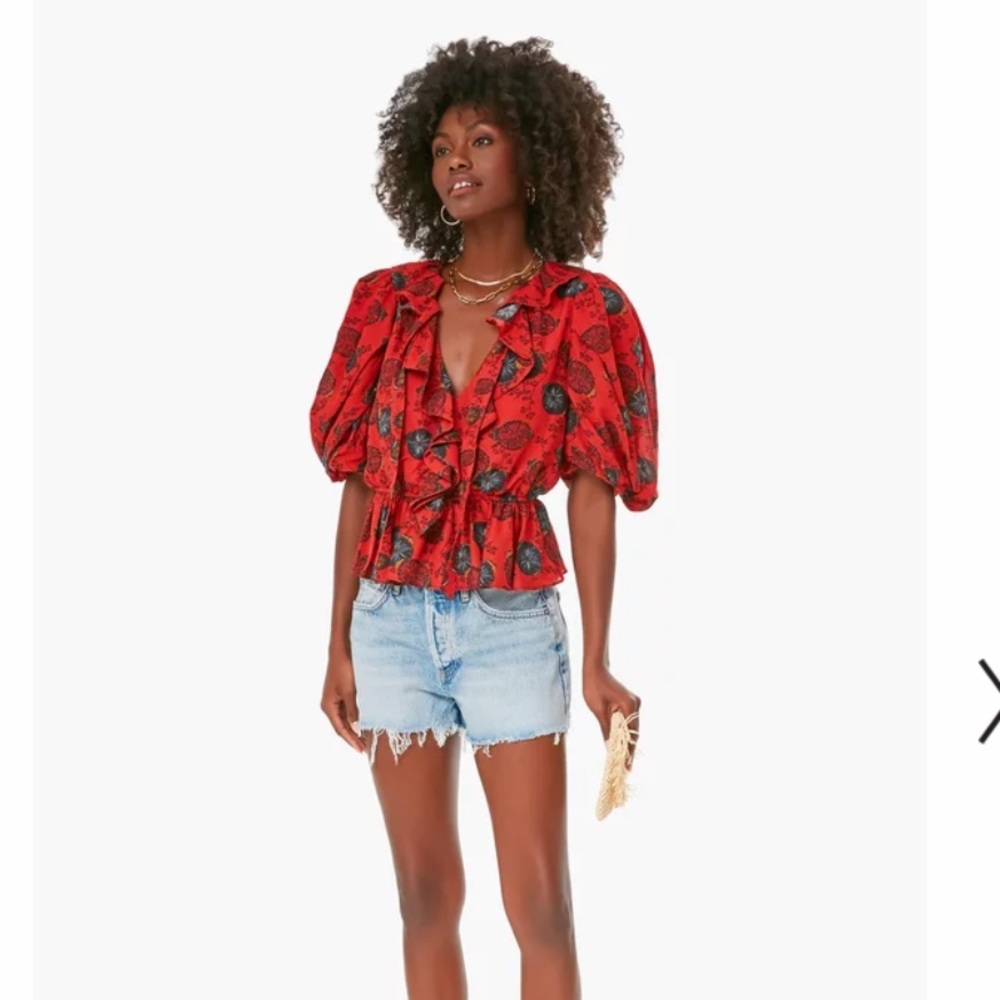 Ulla Johnson Red Floral Ruffled Puff-Sleeve Blouse